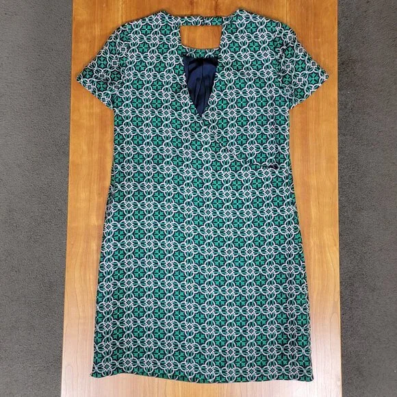 J. Crew Cutaway Back Green Navy Silk Swoop Dress in Latticework Medallion - 0 - Picture 9 of 12